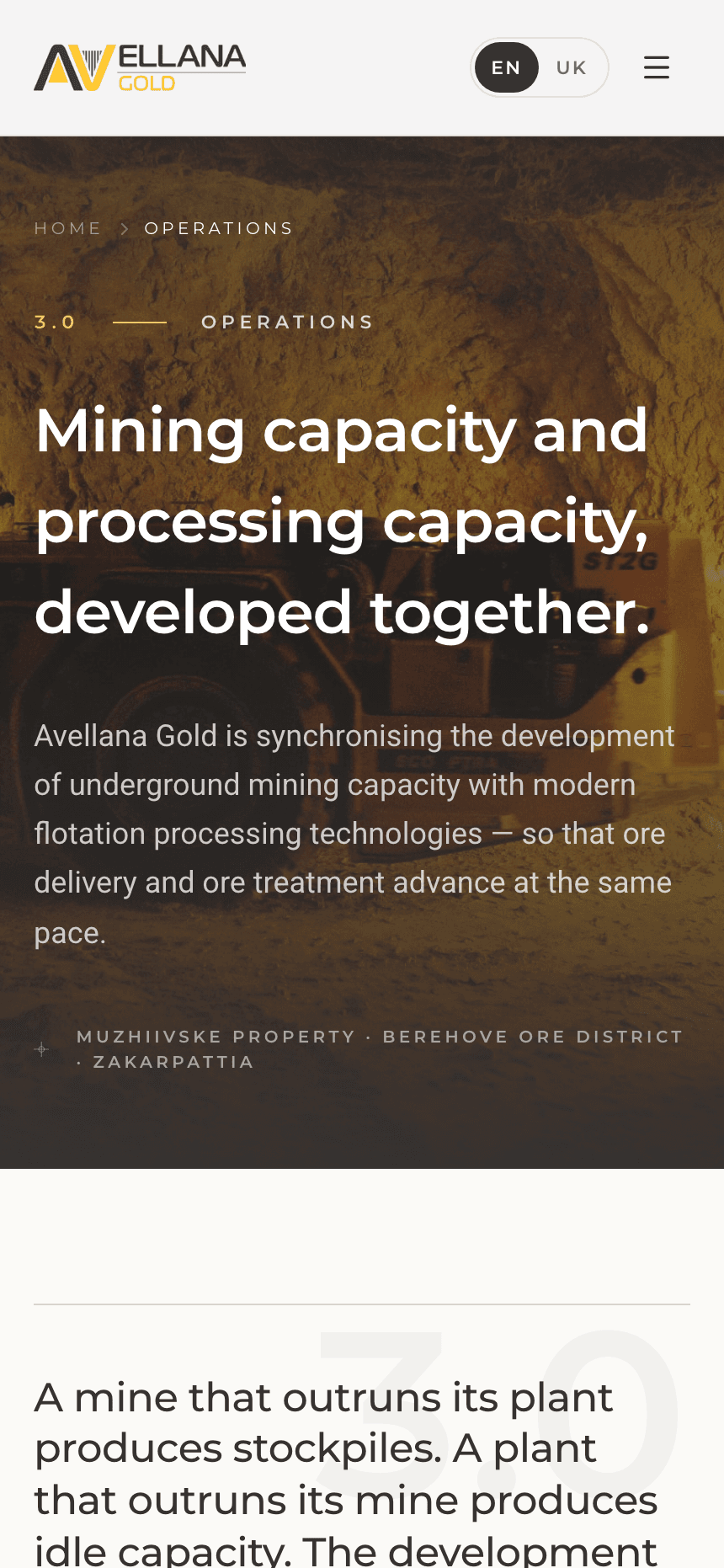 Avellana Gold operations page at mobile width
