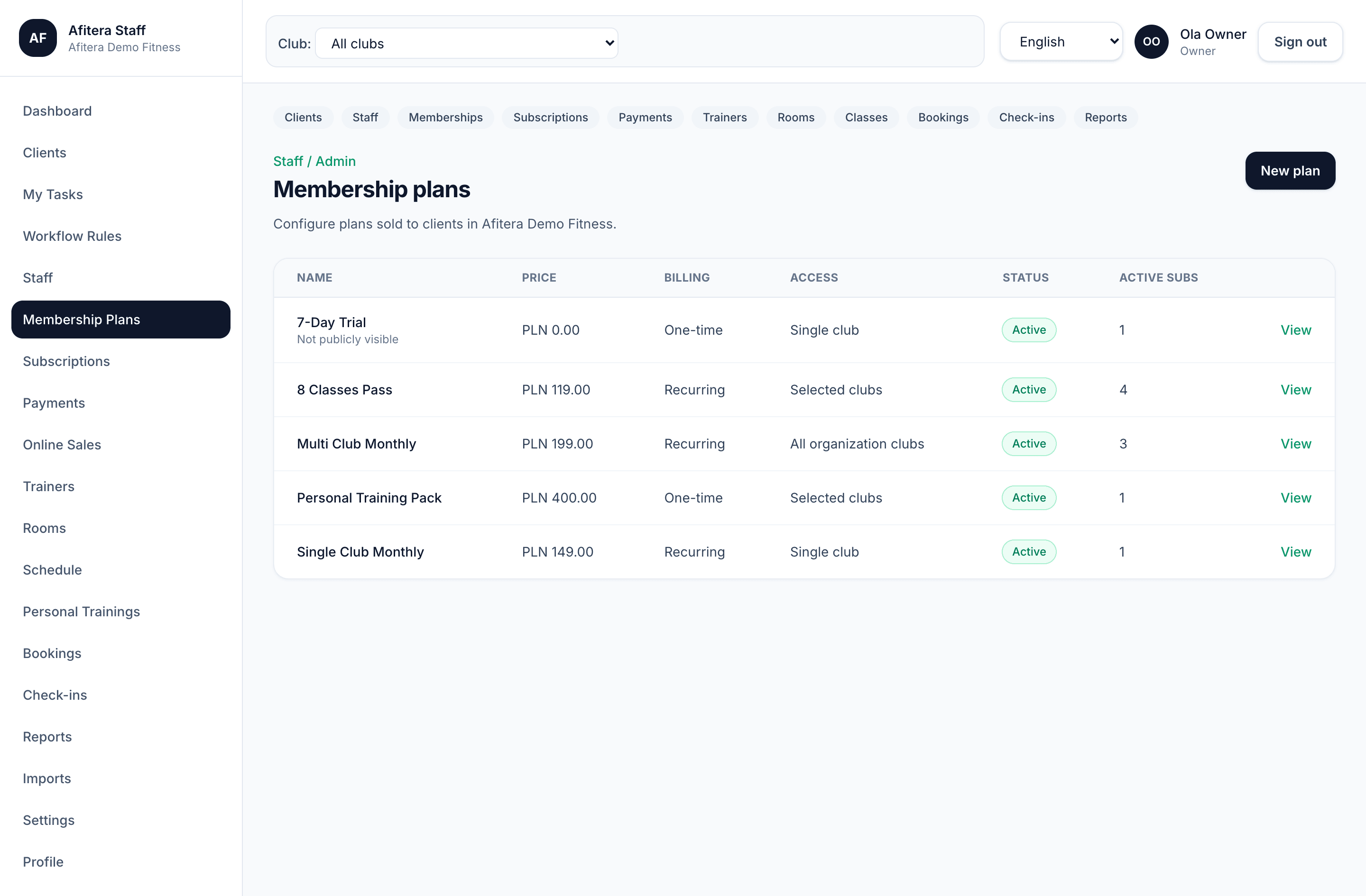 AFitera membership plans — billing and club access