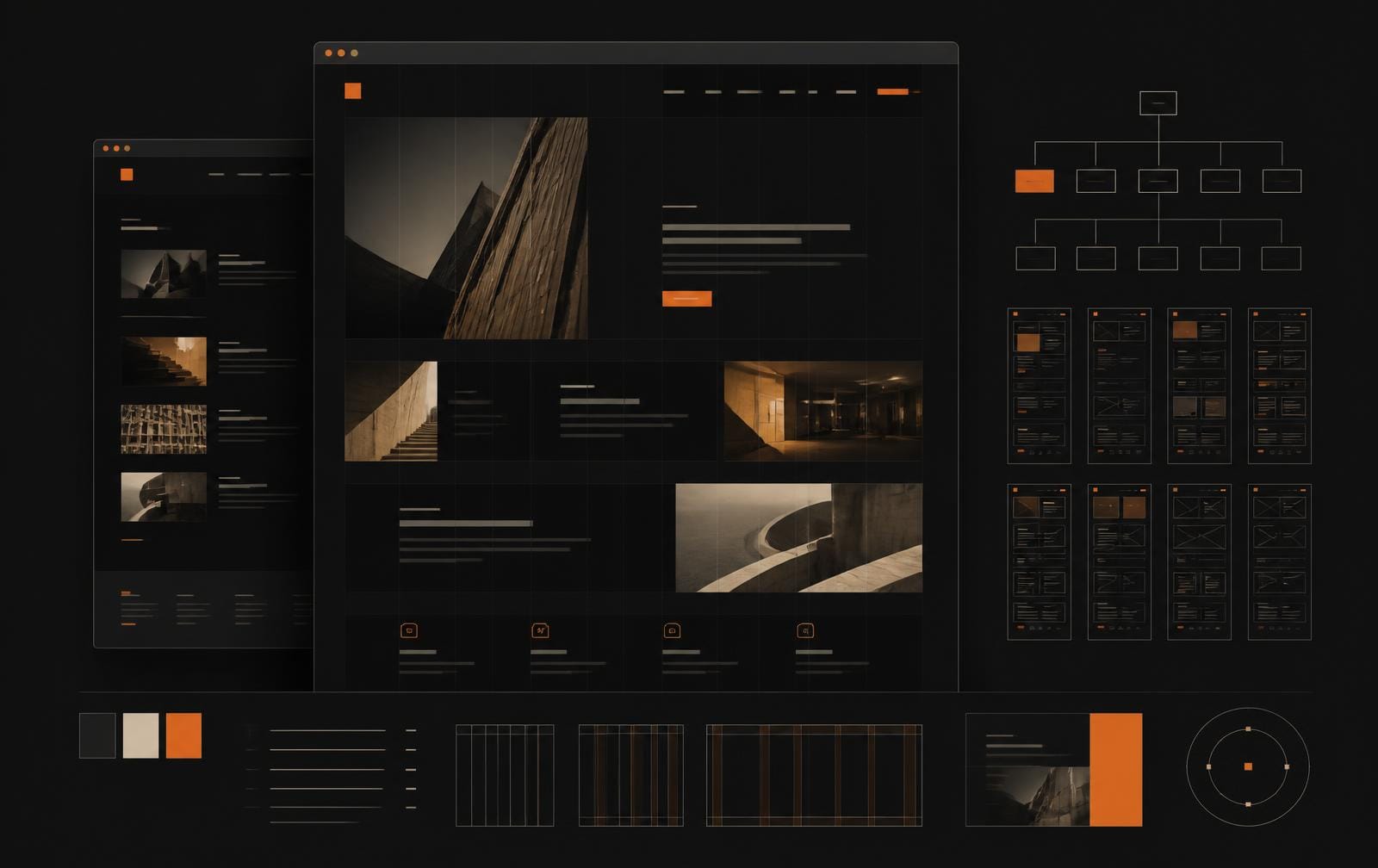 Editorial web platform: layered page layouts, grid overlays and site architecture
